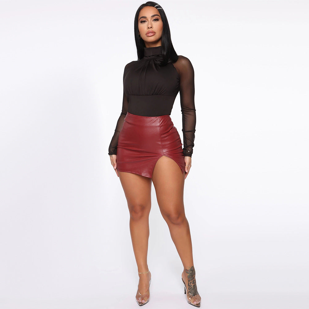 Aliexpress  european and american women's skirt cross-border high waist hip cover short skirt nightclub pu leather zipper sexy black leather skirt