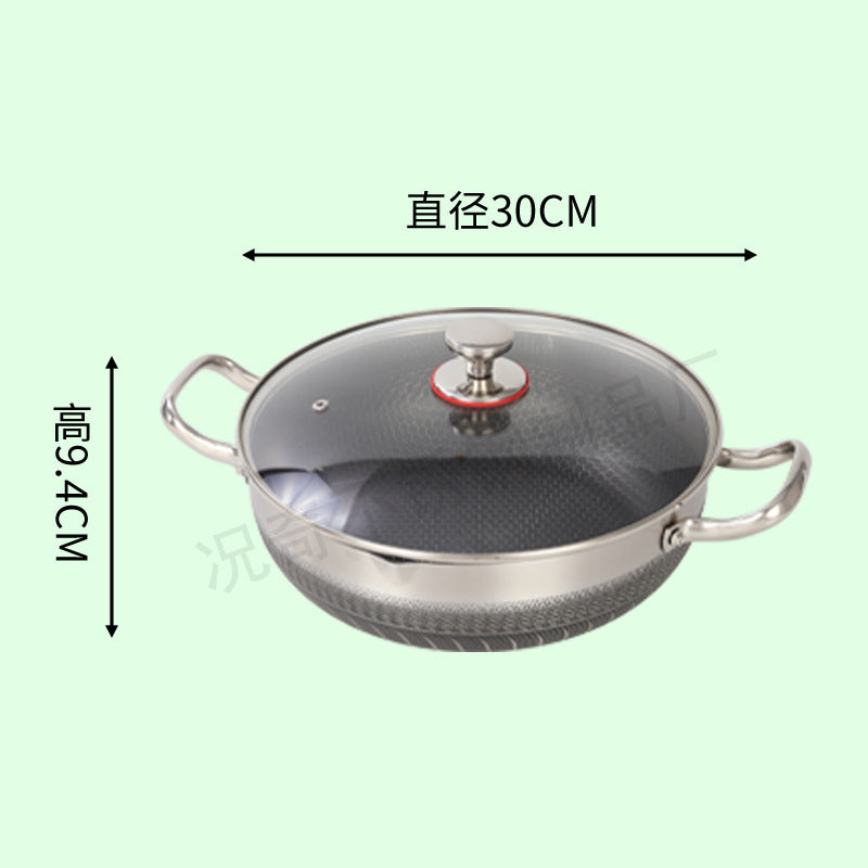double-ear frying pan, deepened stainless steel flat bottomfor home pancake baking pan, induction cooker, gas honeycomb non-stick pan