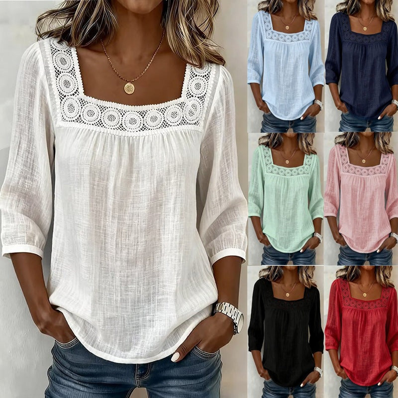 new cross-border  summer solid color casual square neck lace trimmed three-quarter sleeve cotton linen short-sleeve top for women