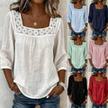new cross-border  summer solid color casual square neck lace trimmed three-quarter sleeve cotton linen short-sleeve top for women