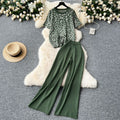 European and american hot girl style leopard print crew neck short sleeve t-shirt + high waist slimming solid color wide leg trousers two-piece set