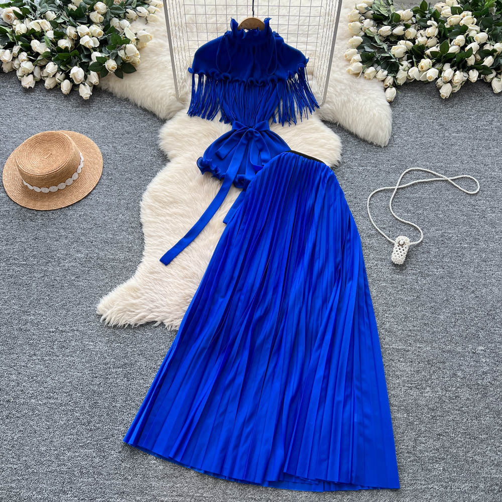 Miya pleated suit women's sense of design strappy waist tassel pleated topshigh waistpleated skirttwo-piece set