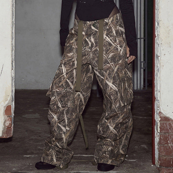 Foreign trade personality street handsome overalls streamer design sense American straight lace-up loose casual pants woven pants