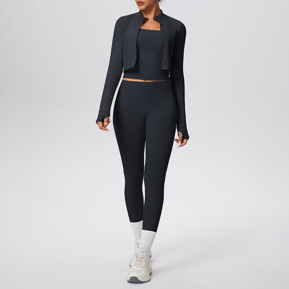 pure color brushed tight tank top nine-point long three-piece sports running fitness yoga suit