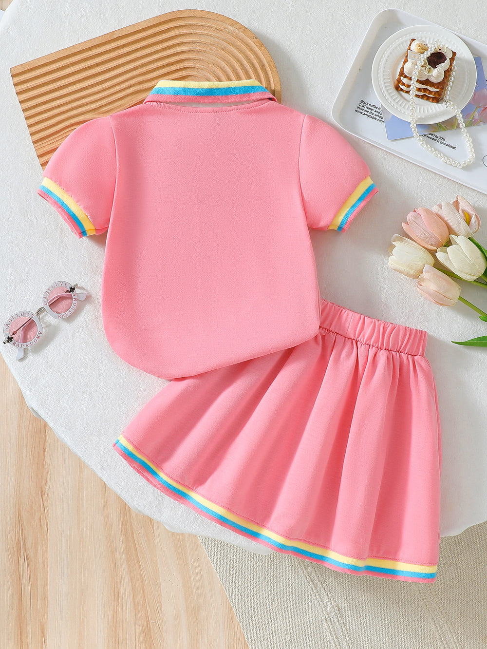 summer new arrival: girls' cute embroidered rainbow stripe collar polo dress two-piece outfit