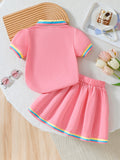 summer new arrival: girls' cute embroidered rainbow stripe collar polo dress two-piece outfit