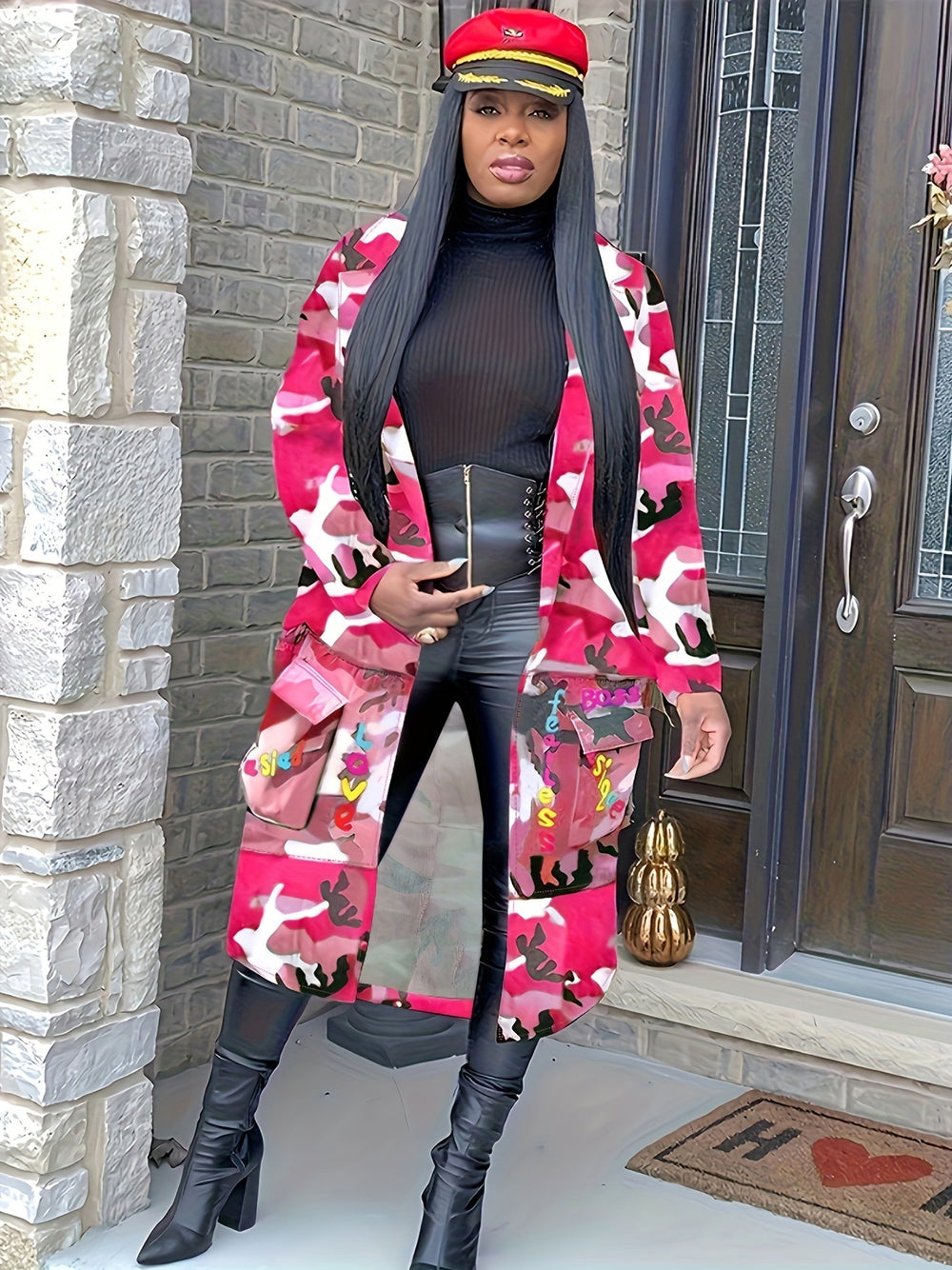 S390237 in stock wholesale women's mid-length casual fashion european and american camouflage print patchwork military overcoat