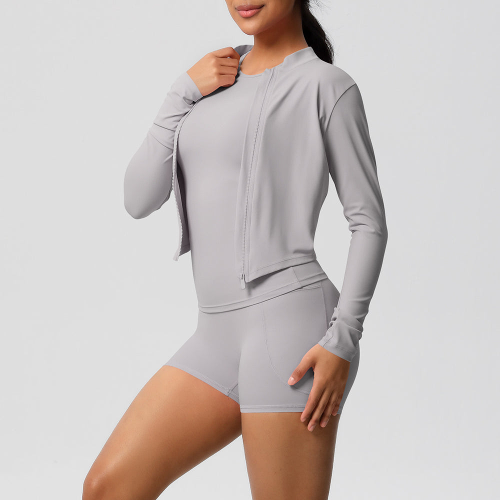 Fashion cross-border cloud-like brushed long-sleeved sports zipper outwear running butt lift fitness yoga clothes three-piece set for women