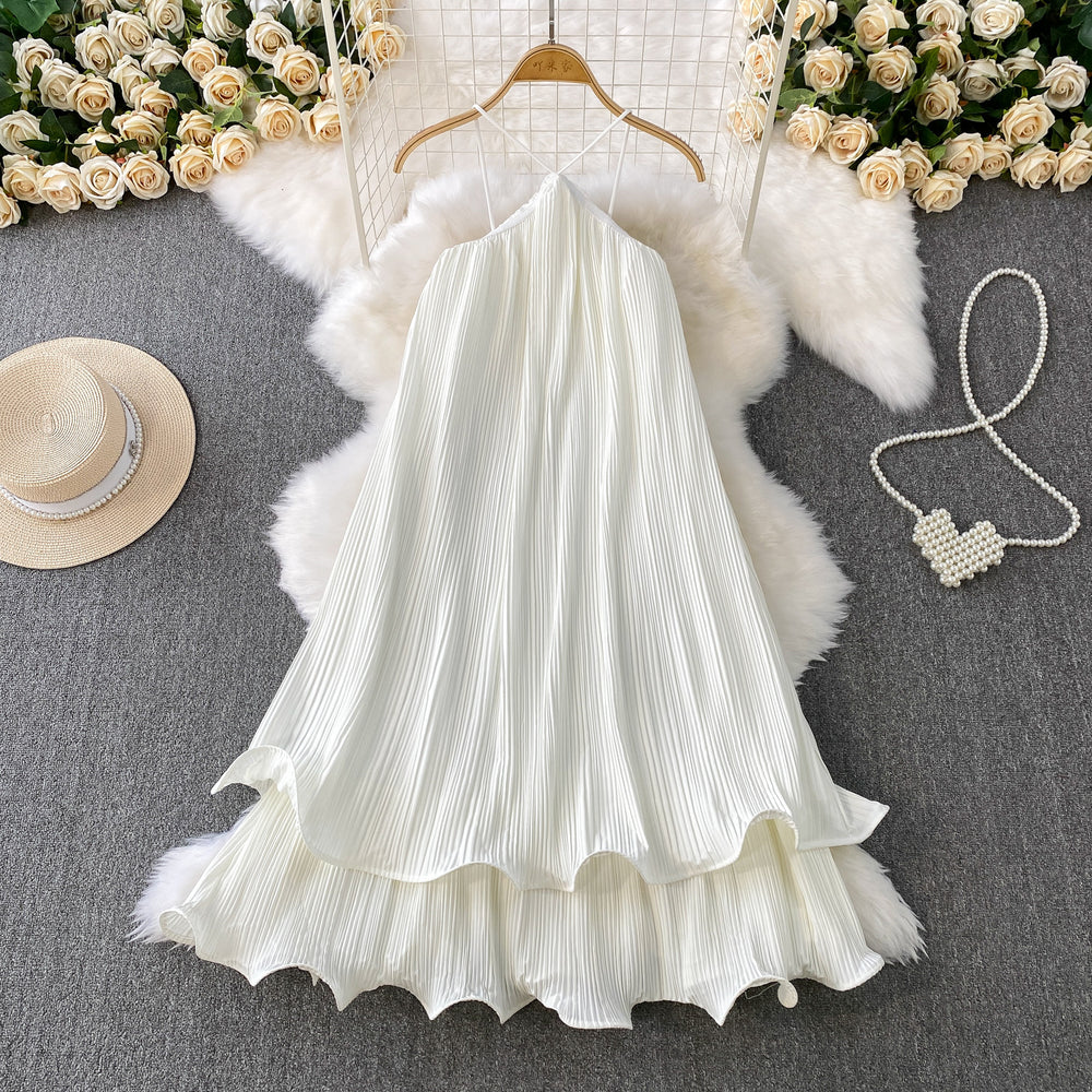 Beach vacation style sexy backless halter sundress - women's summer loose fit flattering tiered cake dress