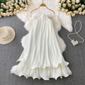 Beach vacation style sexy backless halter sundress - women's summer loose fit flattering tiered cake dress
