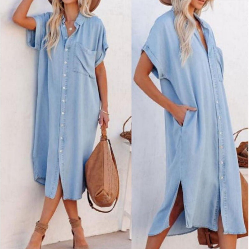 Aliexpress new arrival: european and american fashion solid color denim short-sleeve long slit shirt dress