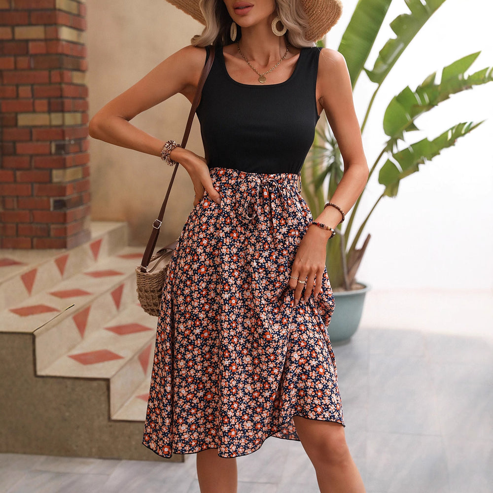 European and american cross-border factory direct sales, new summer european and american retro women's v-neck sleeveless black and floral print maxi dress