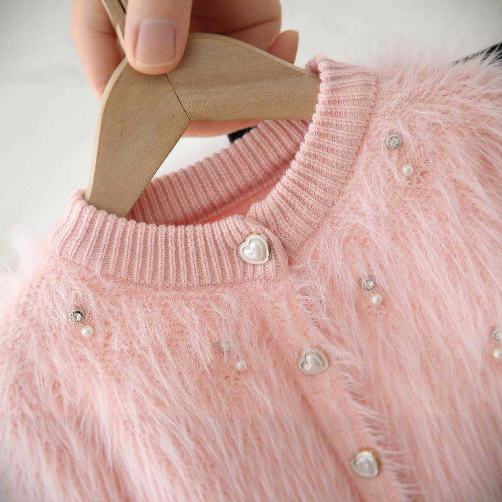Girls' sweater set - new autumn/winter korean style baby girl solid color fuzzy beaded cardigan knit pants two-piece outfit