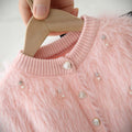 Girls' sweater set - new autumn/winter korean style baby girl solid color fuzzy beaded cardigan knit pants two-piece outfit