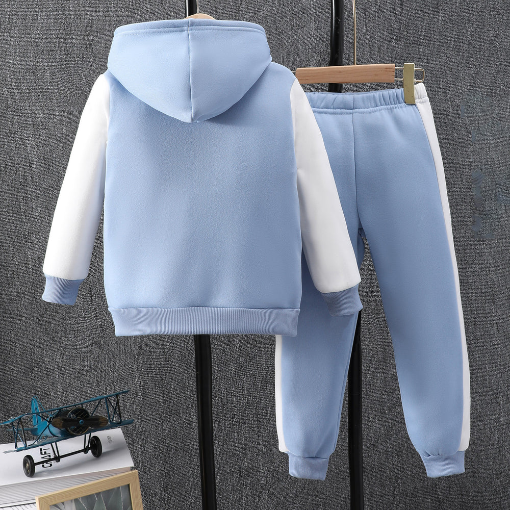 new style children's long-sleeved hooded contrasting color a-line badge suit