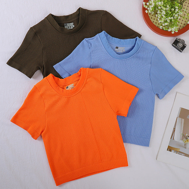 Cross-border new crew neck T-shirt  yoga sports short-sleeved threaded cotton spring and summer pullover short-sleeved top