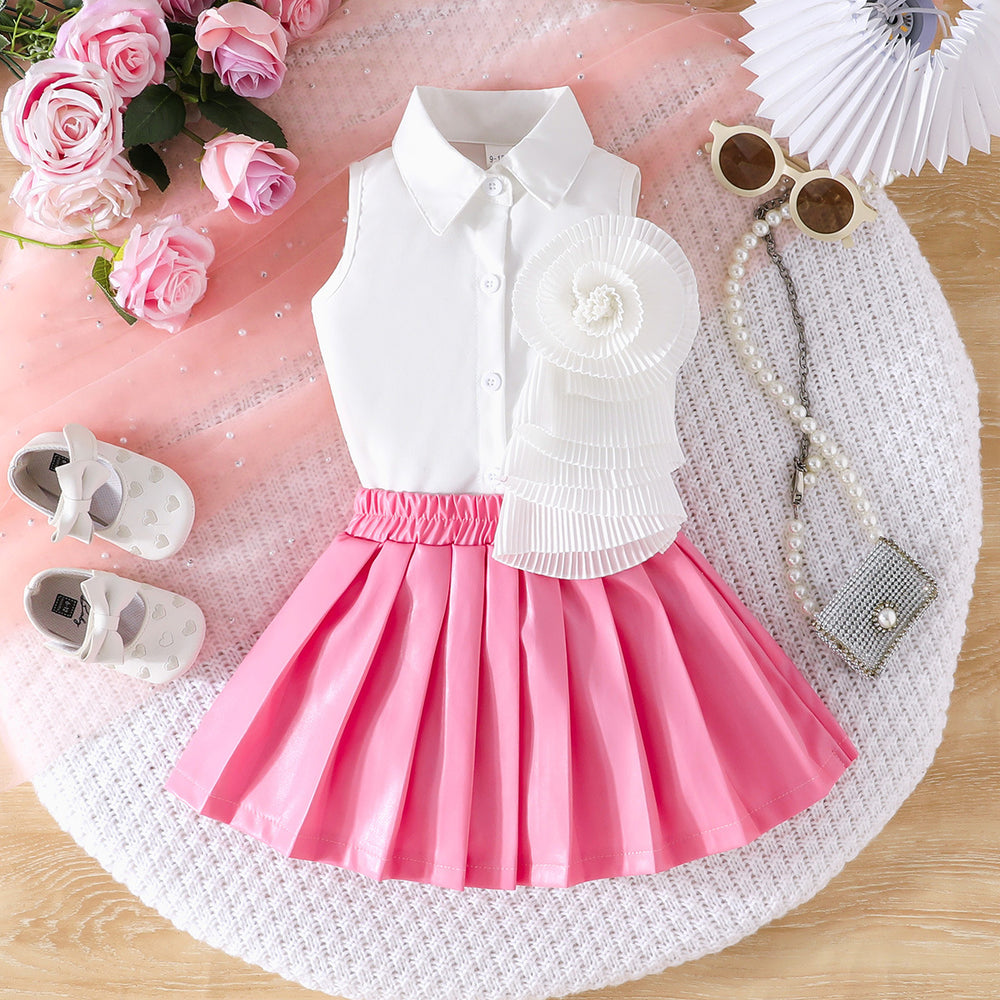cross-border exclusive: new autumn collection - sleeveless blouse with floral accents + pu leather skirt set - hot seller!