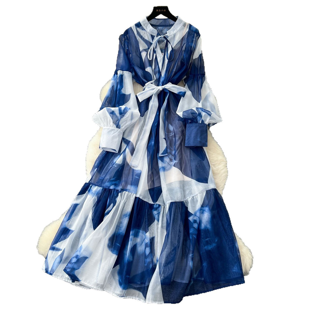 French chic dress -  new collection: court style tie-waist lantern sleeve printed mesh midi dress