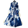 French chic dress -  new collection: court style tie-waist lantern sleeve printed mesh midi dress