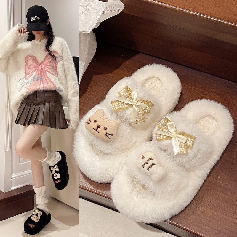 Home casual super popular kitten and small fish fur slippers women's casualnon-slip easy to wear fashioneasiest for match cotton slippers for women