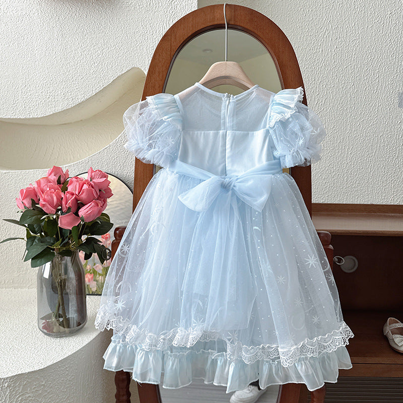 Girls' elsa dress  summer bow princess dress first birthday gown tutu skirt