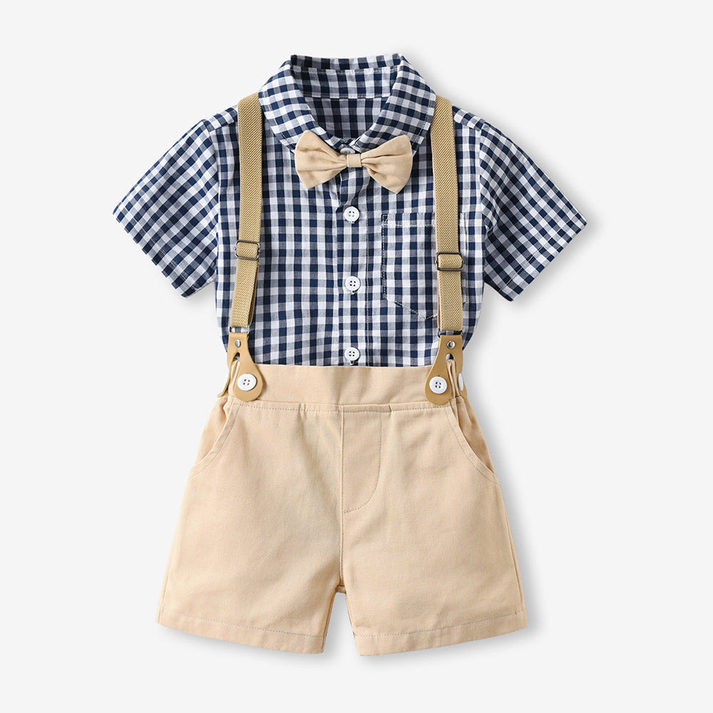 Boys' summer short-sleeve overalls set: cotton white shirt birthday performance outfit, korean style kids' clothing