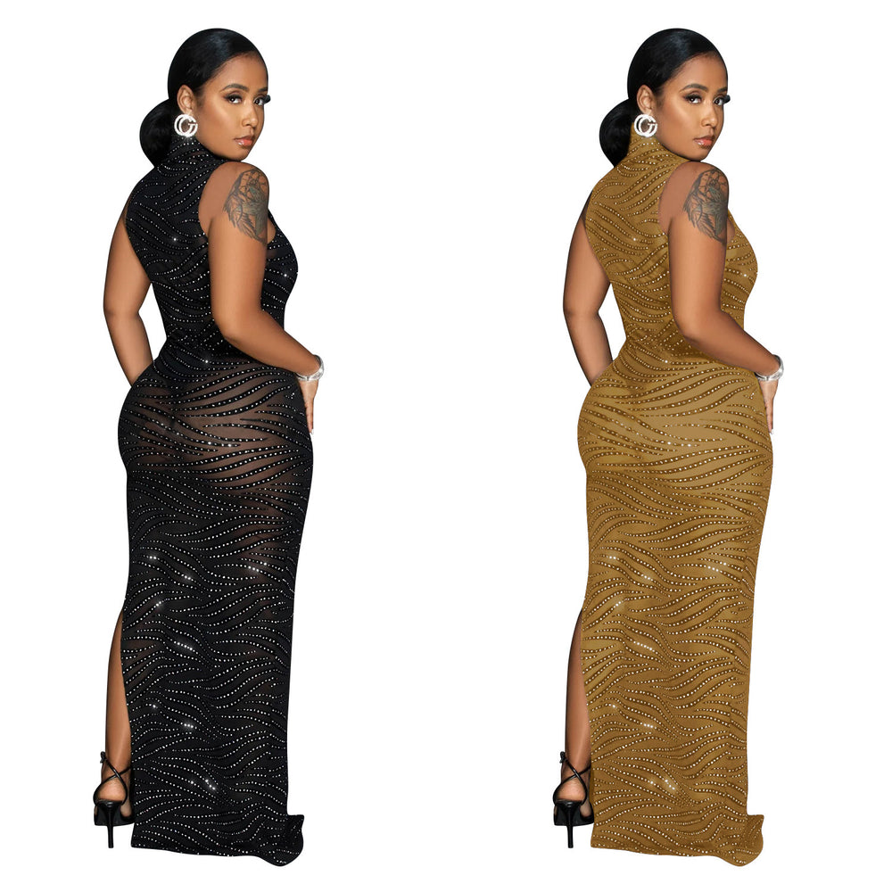 C6718 cross-border   fashion women's solid color mesh rhinestone sleeveless maxi dress