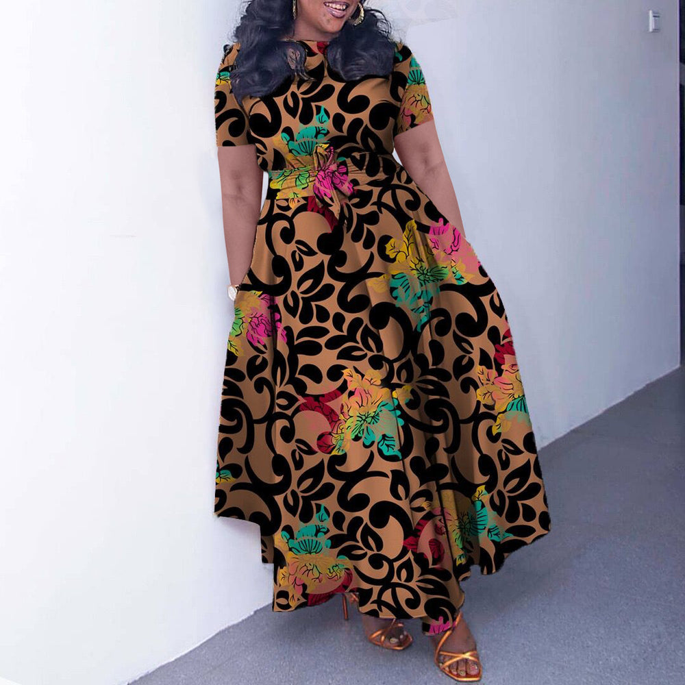 D3266 cross-border women's clothing  new fashion elegant lace-up african large size short-sleeved large swing foreign trade dress