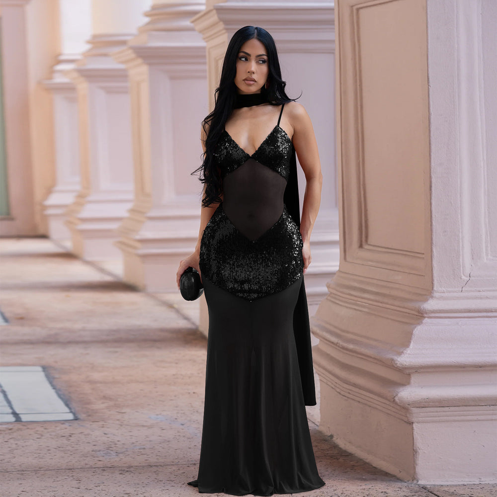 C7647 cross-border   fashion women's sexy mesh suspender v-neck sequin dress