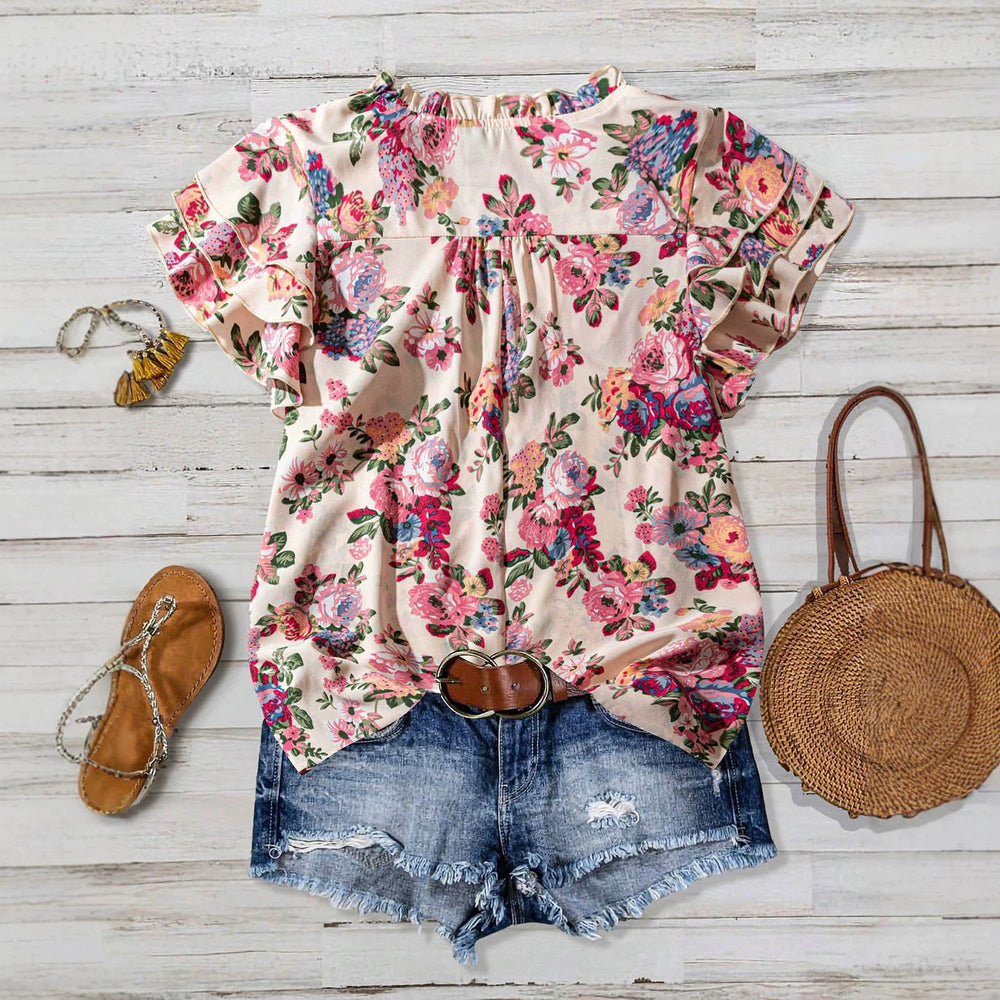 Export plus size casual floral shirt with fungus edge neckline and straps v neck full-width flower printing short-sleeved snow