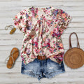 Export plus size casual floral shirt with fungus edge neckline and straps v neck full-width flower printing short-sleeved snow