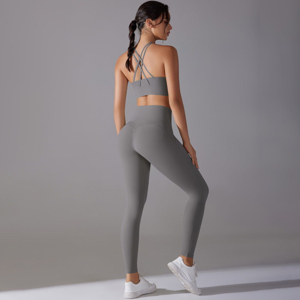 New arrival antibacterial wear-free underwear yoga suit beautiful back cross sports intimates fitness long yoga clothes two-piece set