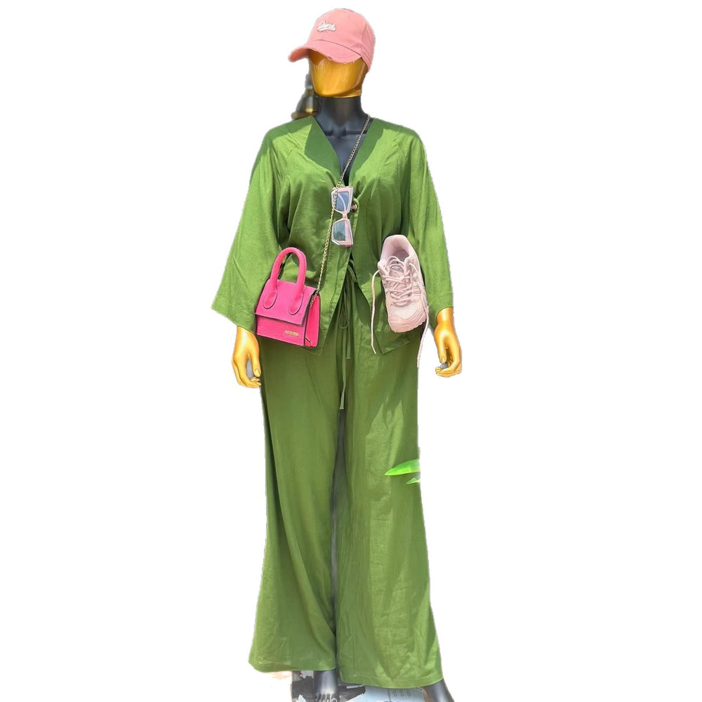 European and american cross-border women's fashion:  summer new arrivals - trendy tie-up, loose-fit plus size shirt and wide-leg pants casual set