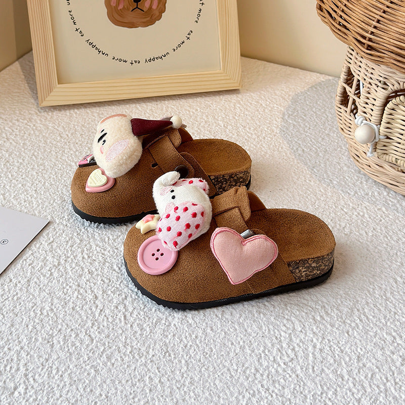 Cute kids birkenstock-style slippers 2025 - outdoor wear, minimalist closed-toe half slippers, spring/autumn girls' adorable cartoon cotton slippers