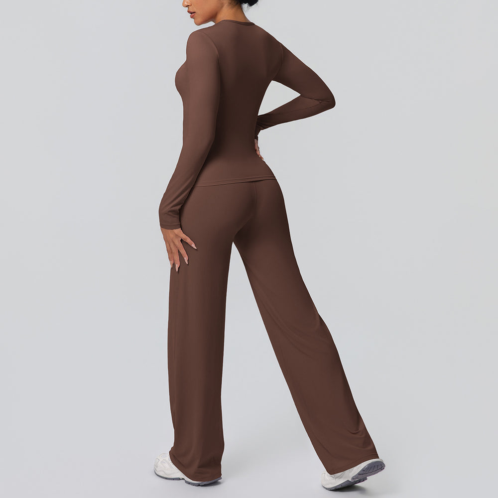 double-sided brushed pure color tight training long sleeves wide-leg yoga suit sports running fitness two-piece set
