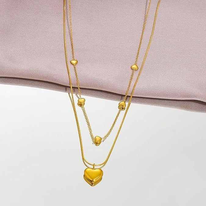 2025 trendy heart double layer necklace, 18k gold plated clavicle chain, luxury niche design, titanium steel chain