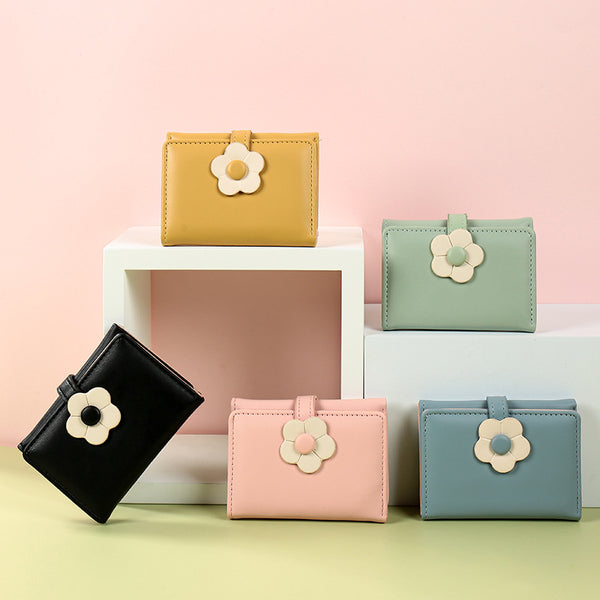 New Korean version fashionable simple short 30% off women's wallet ins trendy multi-card position cute small flower pu wallet