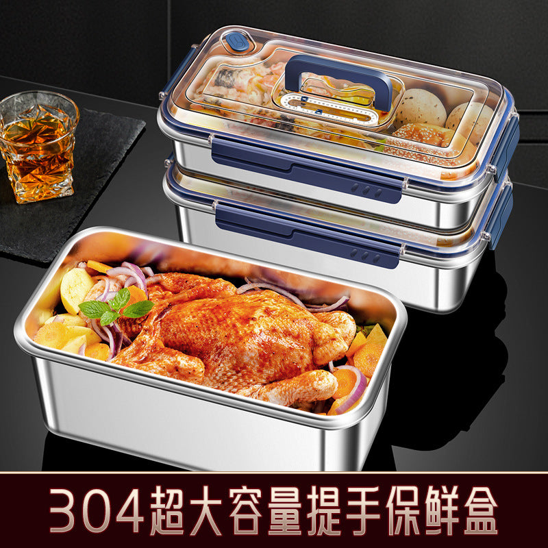 304 stainless steel handle fresh-keeping box, large capacity, portable and portable box with lid, refrigerator frozen and sealed storage box.