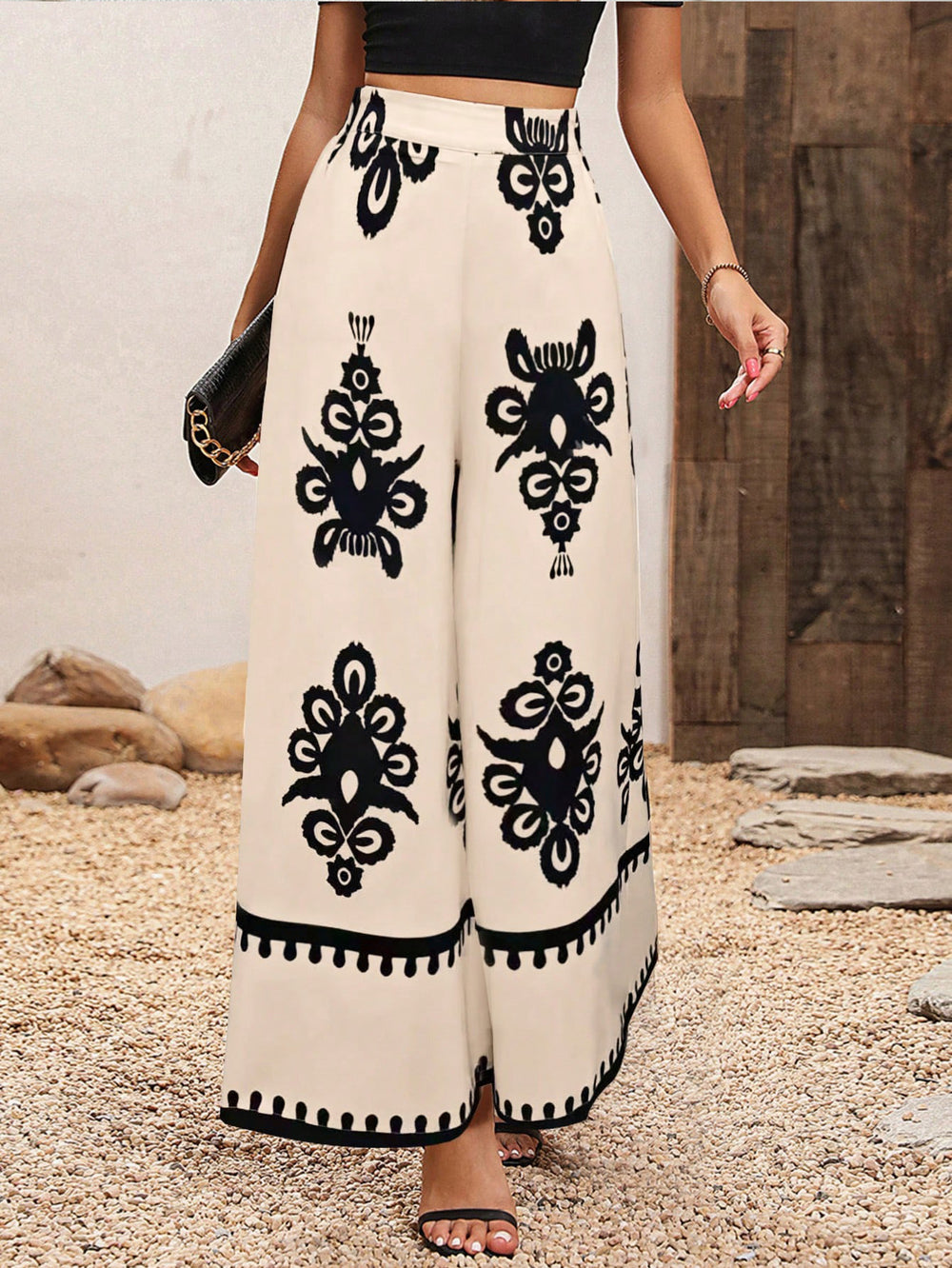 Amazon summer new chiffon leaf print casual pants elegant high waist wide leg pants women's summer wide leg trousers