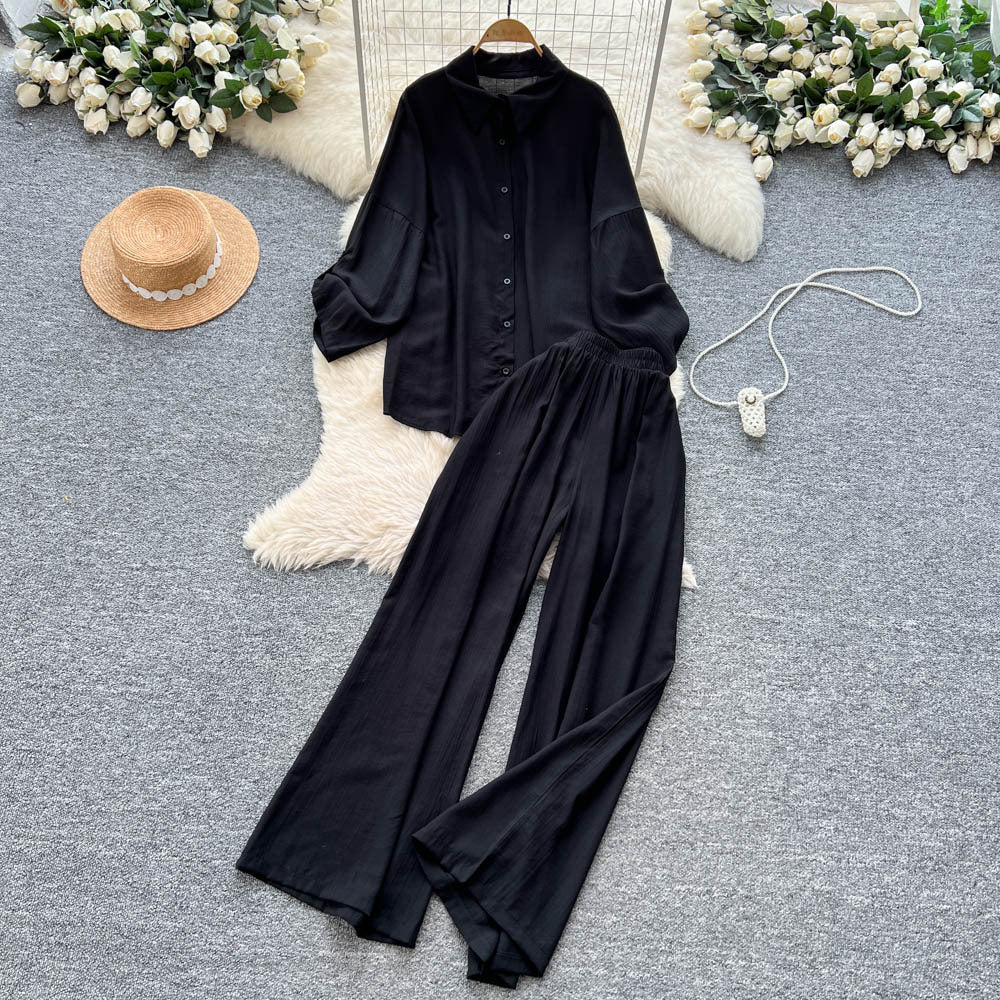 Relaxed casualsuit women's autumloose buttoned long sleeves single breasted shirthigh waistloose pantstwo-piece set