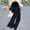 Relaxed casualsuit women's autumloose buttoned long sleeves single breasted shirthigh waistloose pantstwo-piece set