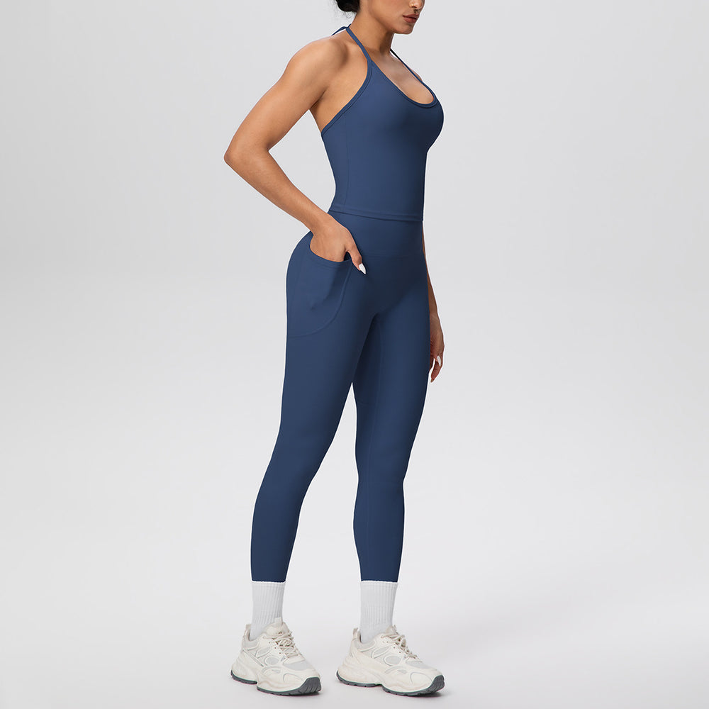 Cloud-feel quick-dry tie-up tank top & high-waisted pocket leggings activewear set - perfect for outdoor running, fitness, and yoga