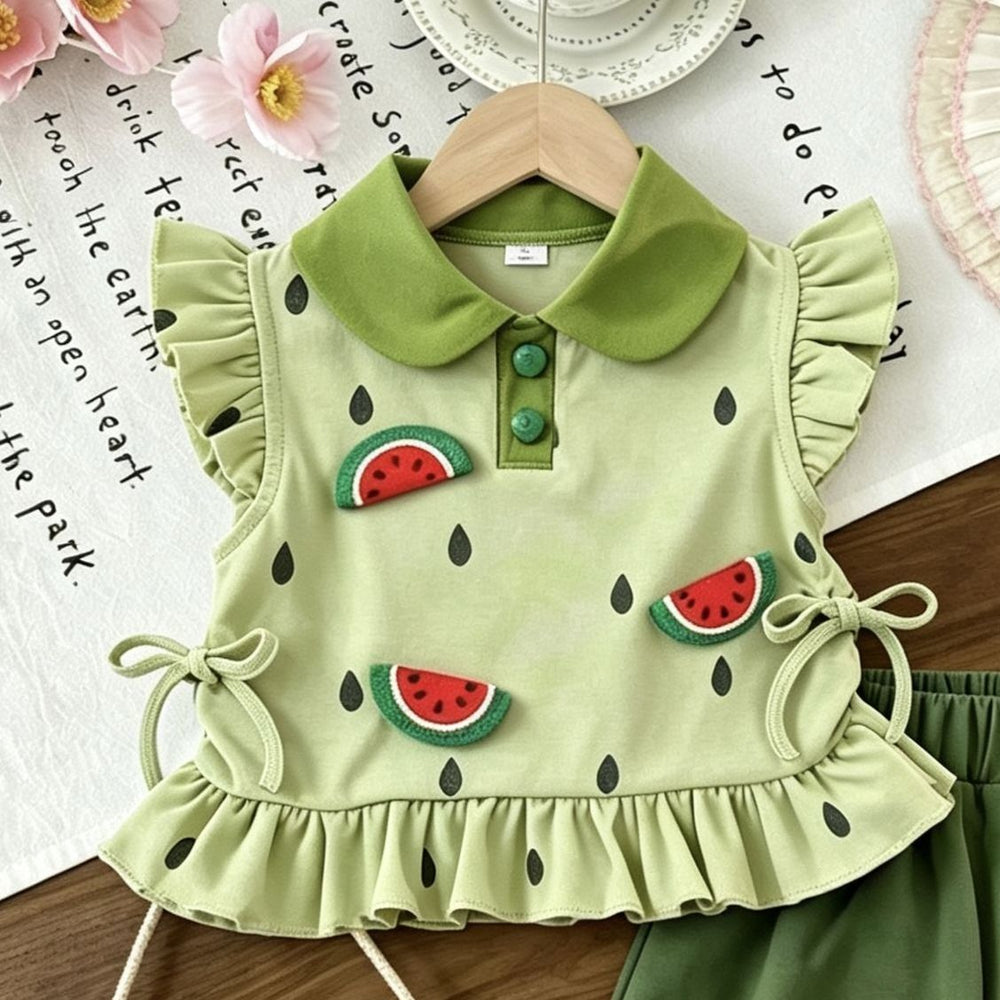Fresh green baby summer outfit set - cute fruit watermelon pattern sleeveless summer suit for girls - summer  collection