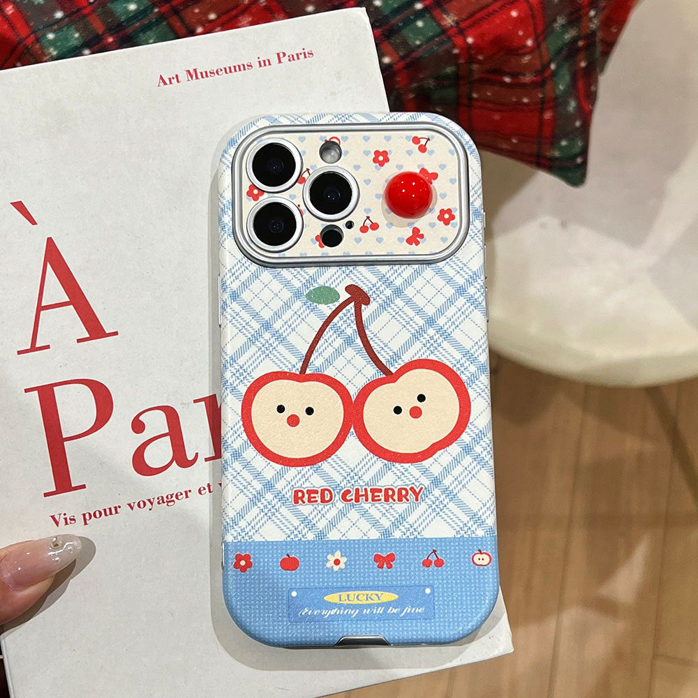Two red cherries are suitable for lambskin large window iphone16 protective case 15 apple 17pm anti-fall mobile phone case