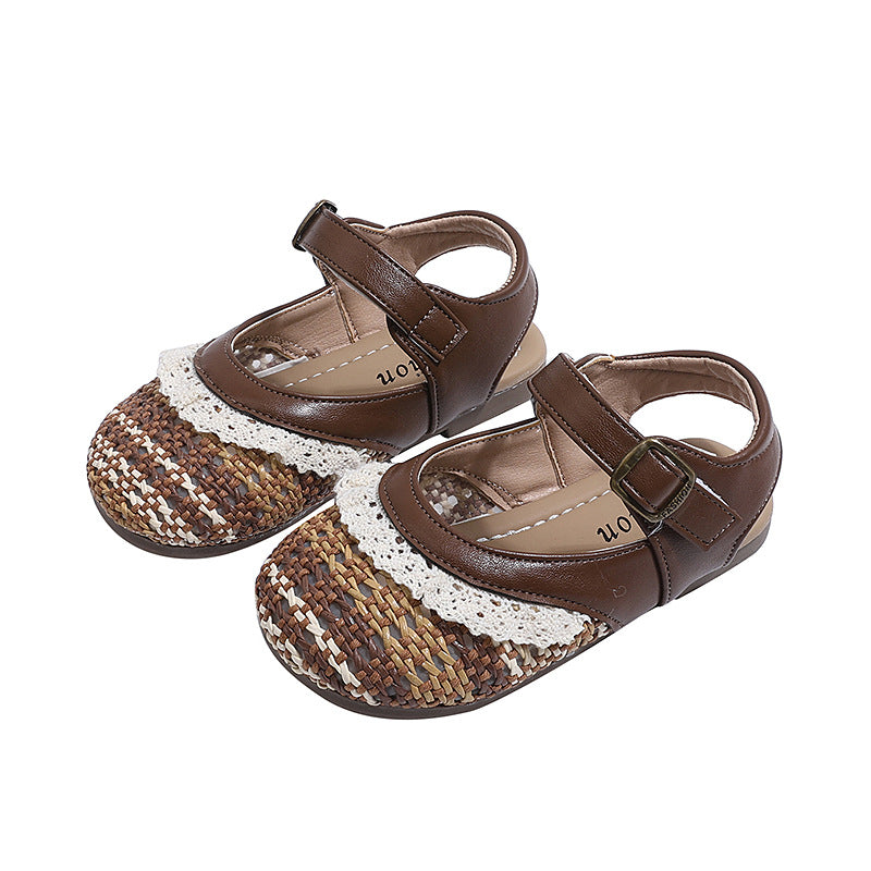 Girls' breathable new children's retro woven sandals summer closed-toe mary jane sandals lace soft sole beige