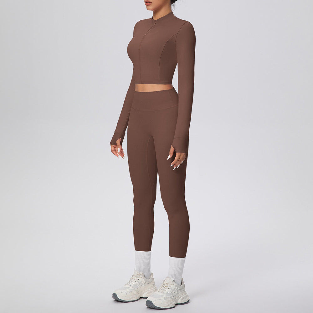 Ready-to-ship cross-border solid color double-sided brushed naked feel cropped jacket set - tight-fitting running, fitness, and yoga two-piece outfit