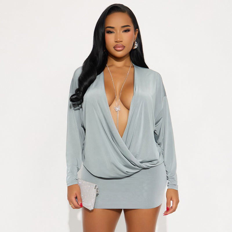 cross-border fashion: european & american style women's autumn/winter new arrivals - solid color, trendy deep v-neck, long sleeve, cinched waist, sexy bodycon dress