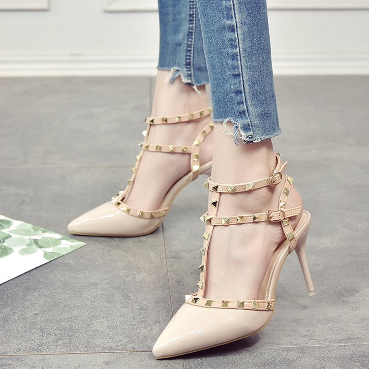 Studded high heel women's stiletto pumps - versatile & chic for summer 2024 - sexy pointed toe t-strap peep-toe rivet sandals