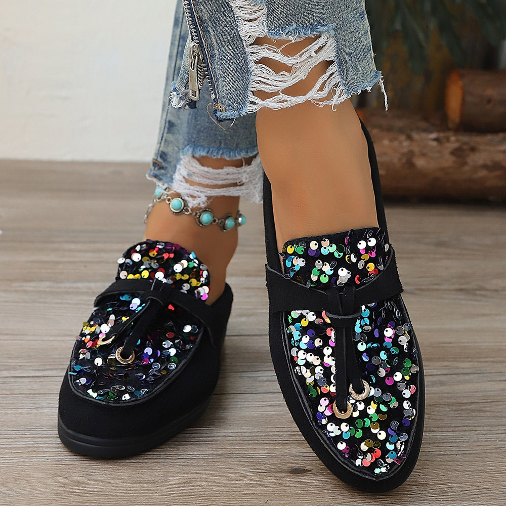 Plus size sequin flat slippers for women - soft sole, comfortable slip-on mules, stylish and versatile lazy shoes for outdoor wear