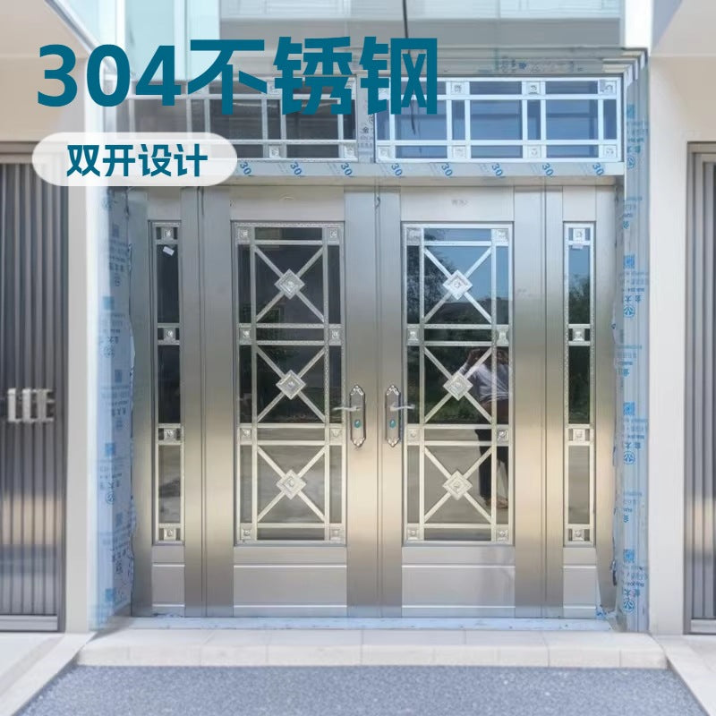 304 stainless steel door self-built house double-open rural glass door for home white steel rose entrance security door